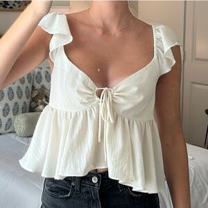 Urban Outfitters White Puff Sleeve Tie Front Blouse